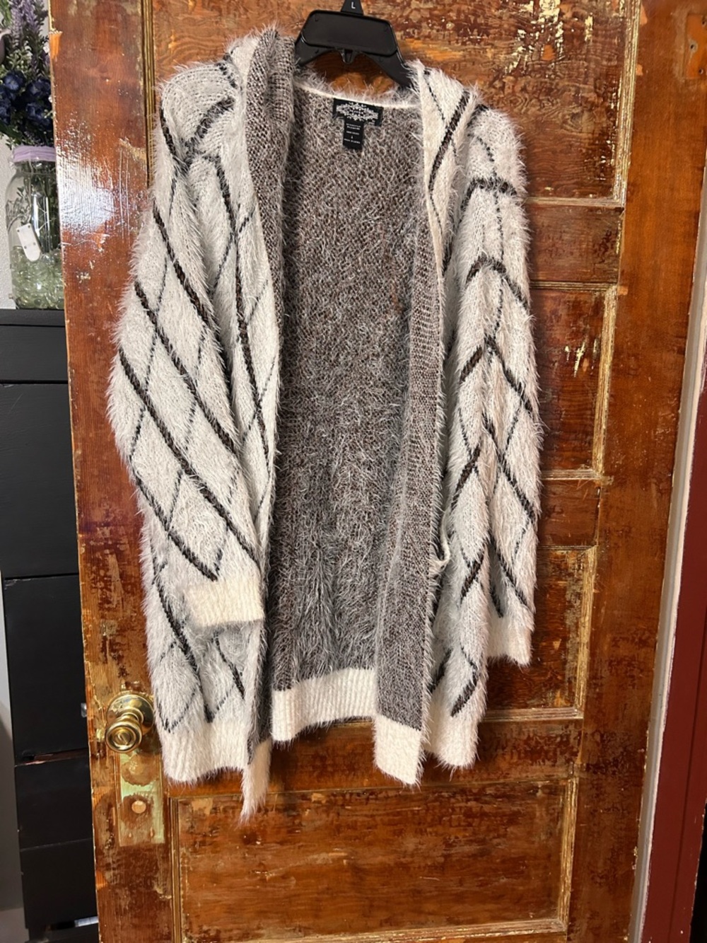Olivers Cream Fuzzy Open-Front Cardigan with Black Diamond Stripes